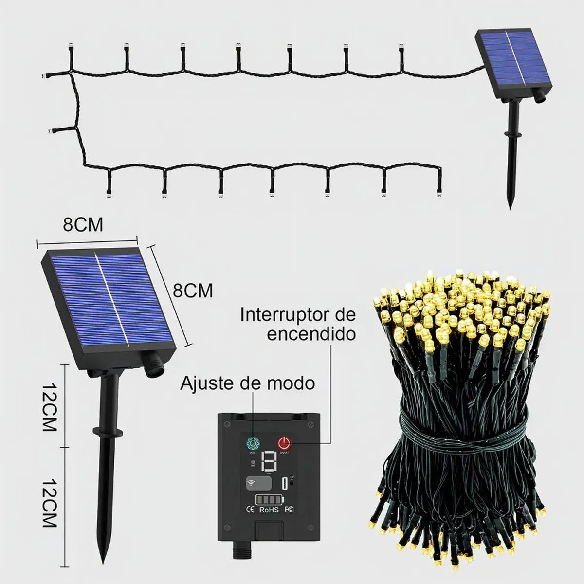 LUCES NAVIDEÑAS CON PANEL SOLAR AMBAR 10M