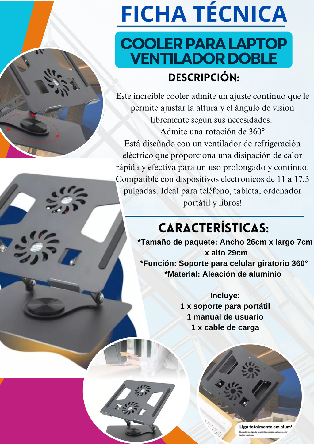 💻👩🏻‍💻DUO: COOLER PARA LAPTOP VENTILADOR DOBLE+ SOPORTE DE METAL PLEGABLE PARA CELULAR 📲🤩